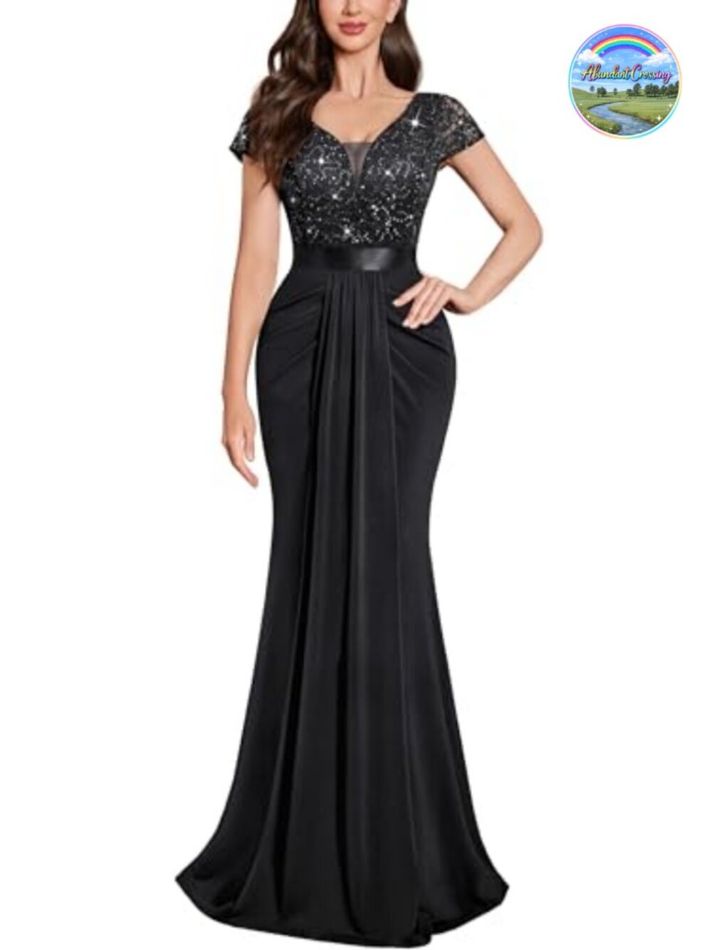 Miusol Deep V-Neck Lace Sequin Pleated Evening Formal Maxi Dress